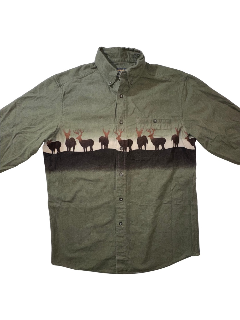 Woolrich Men’s Large Olive Deer Wildlife Graphic Button Down Shirt